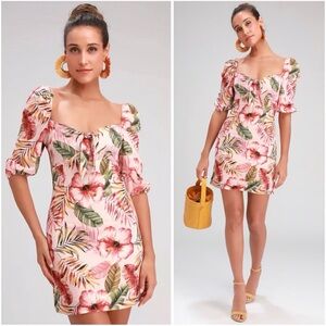 Lulus Tropical front tie Floral Puff-Sleeve Mini Dress - Pink